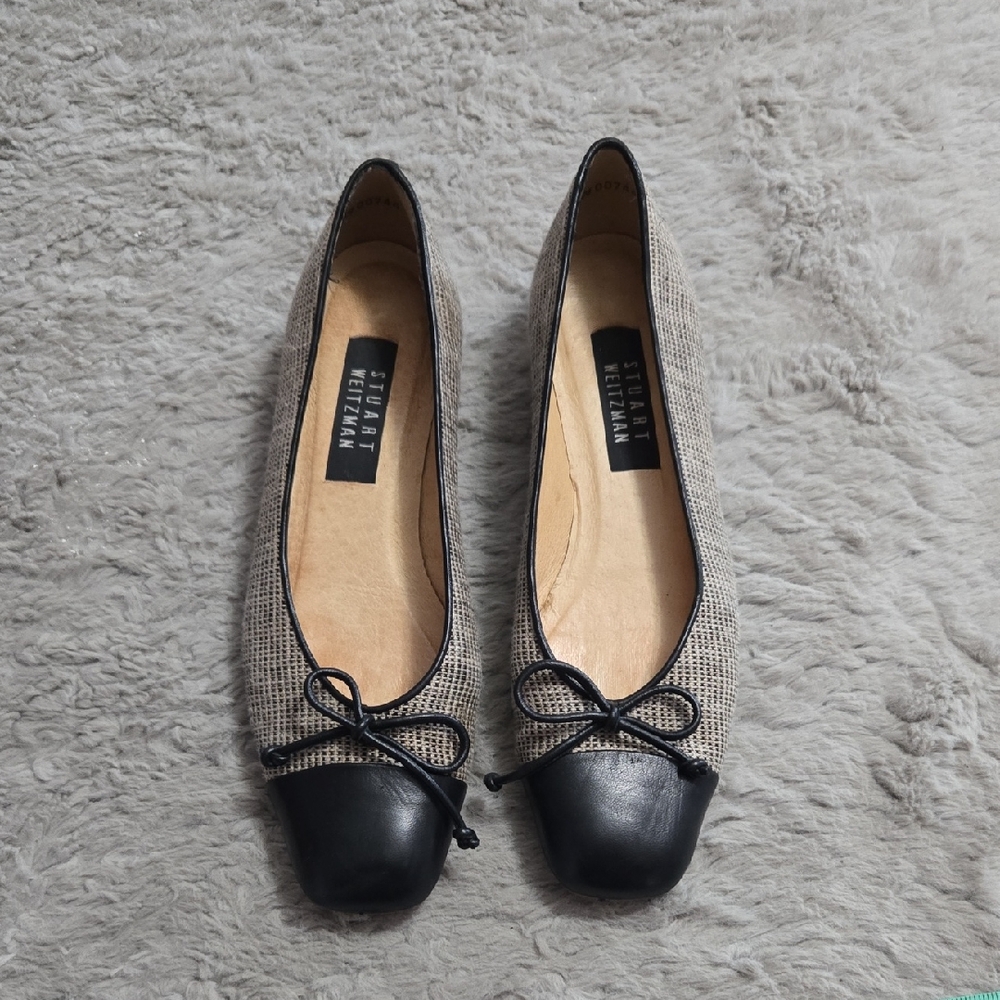 Stuart Weitzman vintage hounds tooth pattern bow flats narrow size 9